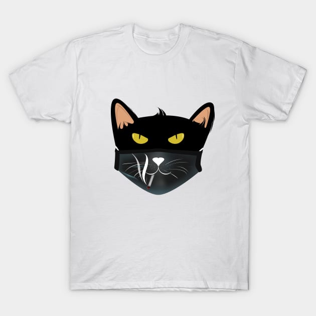 Black cat face wear black cat smokes face mask T-Shirt by Rishirt